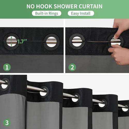 Miniatura 5 de eachope Cortina de ducha negra sin gancho con forro de tela a presión, cortinas de ducha de tejido gofre para baño, juego de cortinas de baño