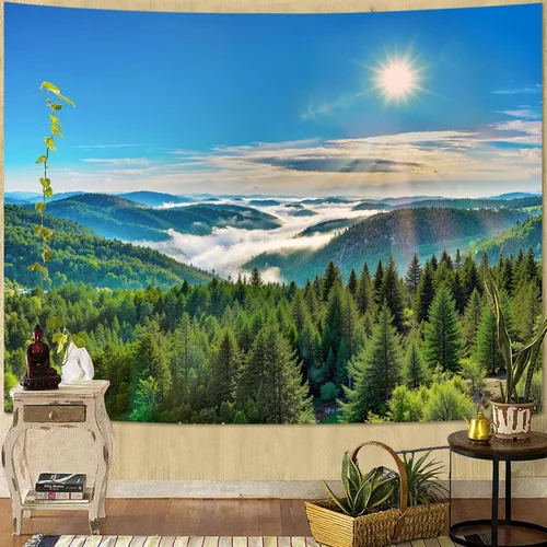 Miniatura 2 de Zussun Tapiz de Bosque Natural de Montaña Tapiz Verde de Pino Luz Solar Selva para Dormitorio Estético Planta Paisaje de Montaña Tapices Pequeños