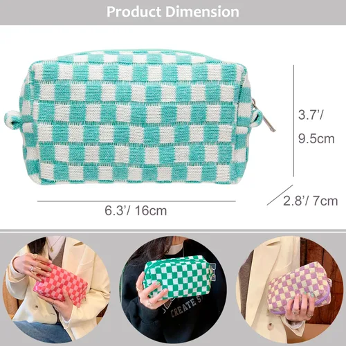 Miniatura 6 de PAZIMIIK Bolsa de Maquillaje a Cuadros para Bolso Portátil con Cremallera, Estuche Pequeño de Cosméticos para Accesorios de Viaje, Azul Ártico