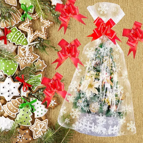 Miniatura 7 de Juego de 20 bolsas de cesta de copo de nieve de Navidad, 10 bolsas grandes de celofán de Navidad de 24 x 36 pulgadas y 10 lazos para canasta