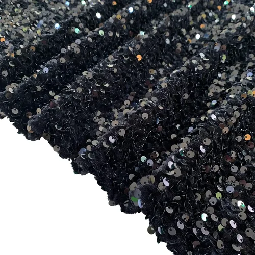 Tela de lentejuelas negras de terciopelo de 1 yarda de largo, tela de lino brillante para coser, tela de spandex de terciopelo para vestido de