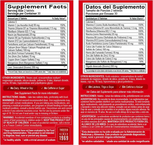 Miniatura 5 de De La Cruz Glóbulo Rojo Multivitamínico con Vitamina C de Alta Potencia, Zinc y Vitaminas B para Hombres y Mujeres, 60 Tabletas, Tarro.