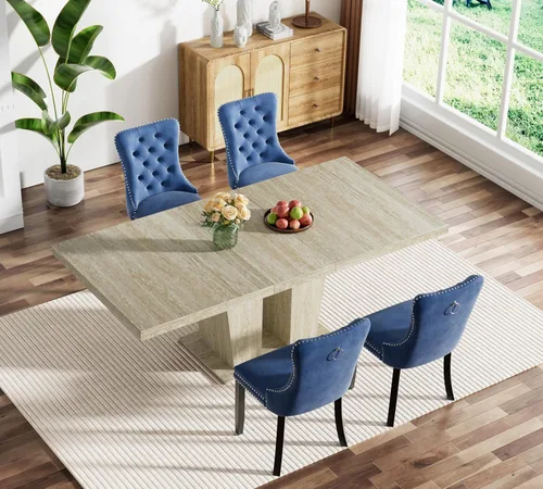 Miniatura 31 de Juego de mesa de comedor extensible marrón de 63 a 78.74 pulgadas para 4, juego de mesa de comedor de 5 piezas con 4 sillas, mesa de cocina