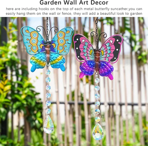 Miniatura 7 de Juego de 2 atrapasoles de mariposa de metal para ventanas – Decoración de pared de valla al aire libre de 14 pulgadas, prismas arcoíris