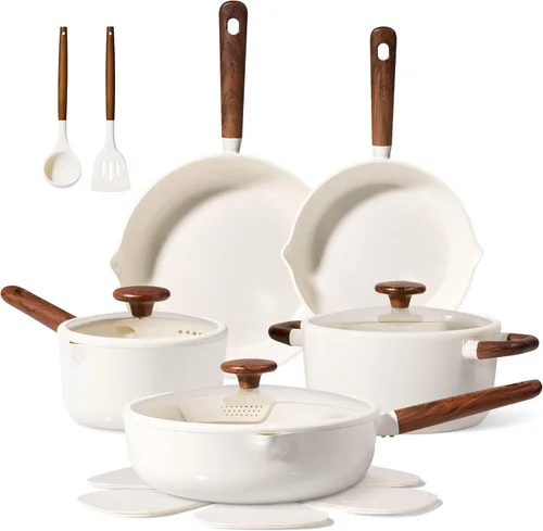 Miniatura 8 de CAROTE Juego de ollas y sartenes antiadherentes, juego de utensilios de cocina de 21 piezas con tapa colador, juego de cocina de inducción con Verde