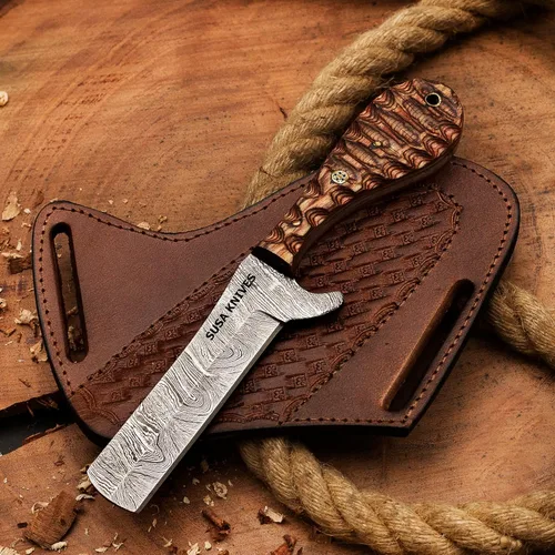 Miniatura 7 de Cuchillo Cortador de Toro de Acero Damasco Hecho a Mano, Cuchillo de Hoja Fija Vaquero, Mango de Madera, Cuchillo EDC Funda de Cuero PANCAKE Regalo