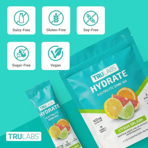 Miniatura 3 de TRULABS Hydrate - Mezcla de bebida con electrolitos – Sabor cítrico Splash, paquetes de hidratación sin azúcar con electrolitos de 1422 mg y 19