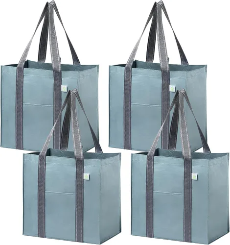 Miniatura 9 de VENO Paquete de 4 bolsas de comestibles reutilizables de Navidad, bolsas de compras resistentes con asas, para carrito de compras con parte inferior