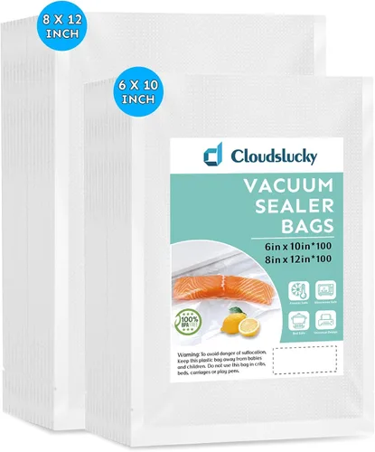 Sellador de alimentos al vacío sin BPA, bolsas precortadas de 6 x 10 pulgadas + 8 x 12 pulgadas, 200 unidades gruesas en relieve de grado comercial