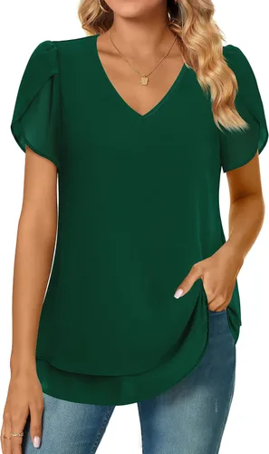 Miniatura 2 de Furnex Blusas de manga corta con cuello en V para mujer, diseño de pétalos de doble capa, túnica de gasa