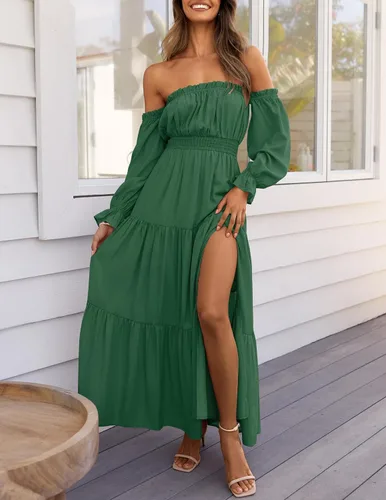 Miniatura 65 de ZESICA - Vestido largo, bohemio y sexy, con hombros descubiertos y manga larga fruncida, con elástico fruncido, cintura alta y abertura lateral