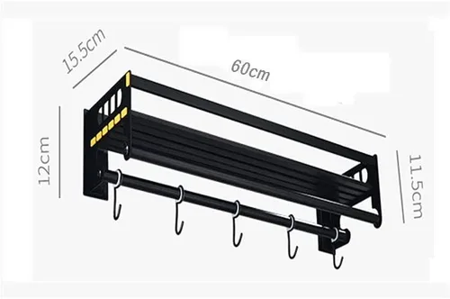 Miniatura 3 de Organizador de especias de acero inoxidable montado en la pared con 5 ganchos para utensilios, acabado negro cepillado, estante de almacenamiento