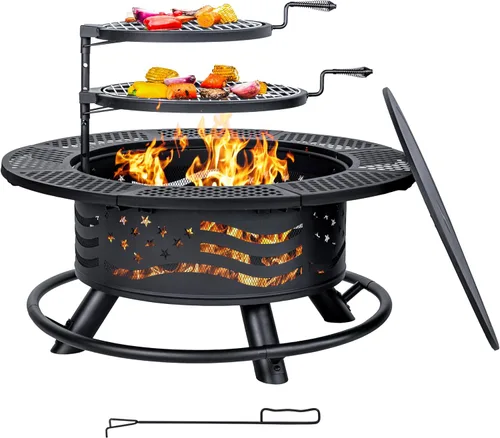 Panovue - Fogata de 36 pulgadas con 2 rejillas de cocina, parrilla de acero redonda para leña al aire libre, con tapa, para barbacoa, fogata, pícnic