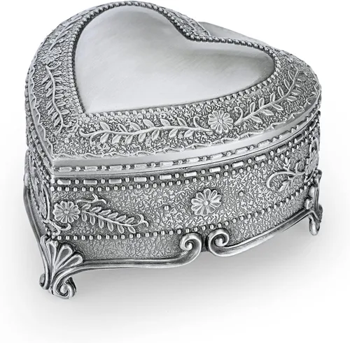 Hipiwe Joyero vintage en forma de corazón Estuche organizador de almacenamiento de anillos antiguos, aretes, collar, caja de regalo de metal para