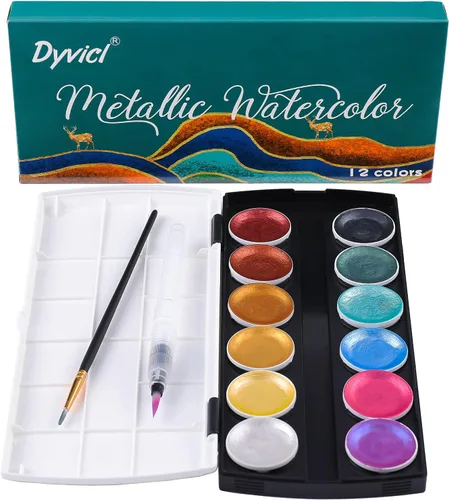 Dyvicl Juego de pintura de acuarela metálica con purpurina, 12 acuarelas que cambian de color brillante, caja portátil con cepillo de agua, pinturas