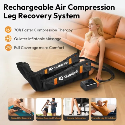 Miniatura 5 de QUINEAR Sistema inalámbrico de recuperación de piernas con compresión de aire de 5 zonas, masajeador de piernas para circulación con 11 niveles y 3