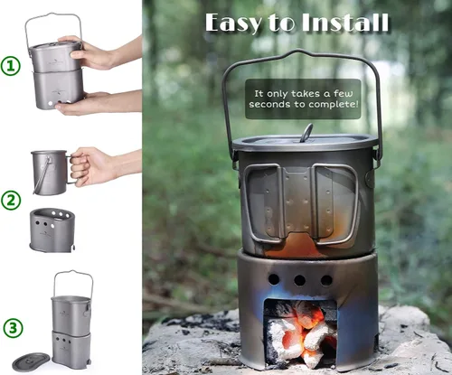Miniatura 5 de Boundless Voyage Olla de titanio con estufa de leña, taza ultraligera con tapa para acampar al aire libre, picnic, senderismo, mochilero, 27.1 fl