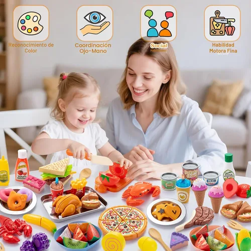 Miniatura 2 de Juboury - Juego de comida de simulación para niños pequeños, alimentos de juguete para cortar con bolsa de almacenamiento, bandeja y platos de acero