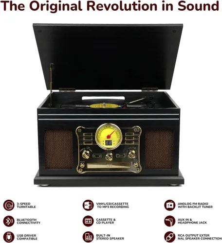 Miniatura 2 de FEKTIK FEKTIK - Tocadiscos Bluetooth 10 en 1, tocadiscos de 3 velocidades para vinilo con altavoces, convertidor LP a MP3, CD, reproductor de Negro