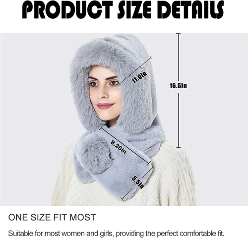 Miniatura 2 de Gorro de forro polar holgado de una pieza para mujer, bufanda con capucha, pasamontañas, cálido invierno, resistente al viento, con cordón