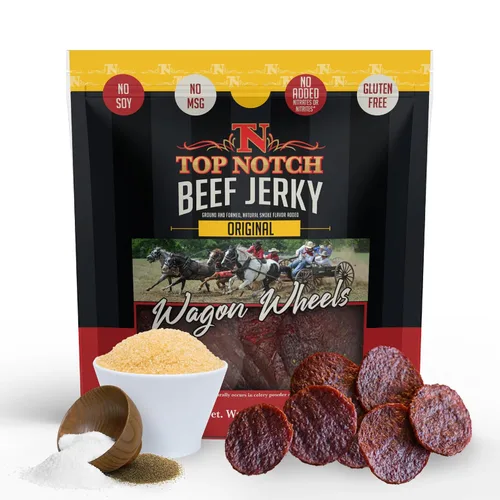 Miniatura 9 de Top Notch Wagon Wheels Jerky – Snacks altos en proteínas para niños y adultos hechos de carne de res criada localmente – Rondas sabrosas de carne