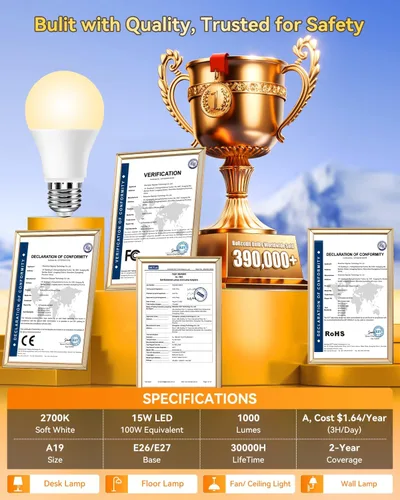 Miniatura 6 de BoRccidt SunLike - Bombilla de luz de espectro completo de 2700 K, LED cálido de 15 W = 100 W, sin parpadeo y sin rayos UV, 90+CRI y 30000 H de vida