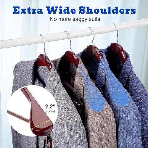 Miniatura 3 de HOUSE DAY Perchas de madera para hombres, perchas de madera de hombro ancho con barra antideslizante para pantalones, acabado retro liso, gancho