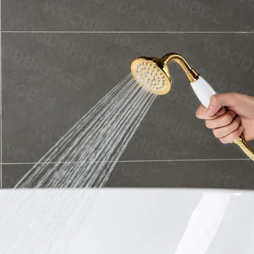 Miniatura 14 de WOODBRIDGE Grifo de llenado de bañera independiente contemporáneo de una sola manija con ducha de mano en acabado dorado cepillado, F0007-BGVT