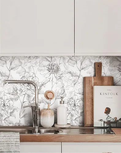 Miniatura 4 de JiffDiff Papel tapiz floral en blanco y negro con peonías removibles para despegar y pegar, papel de pared con diseño de flores esbozado