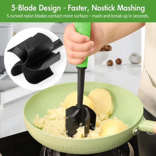 Miniatura 4 de Ourokhome Picador de carne y machacador de papas, machacador de carne molida de nailon resistente al calor para hamburguesas, 5 cuchillas curvas