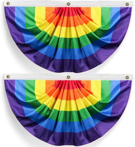 2 banderas plisadas de abanico con diseño de orgullo arcoíris de 1.5 x 3 pies, decoraciones gay, suministros de fiesta, decoración de pared LGBTQ