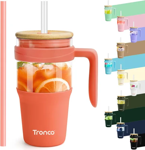 Miniatura 25 de Tronco Vaso de vidrio de 32 onzas con popote y tapa, tapa con popote 2 en 1 a prueba de fugas, botellas de agua de vidrio con asa, apto para Rosa