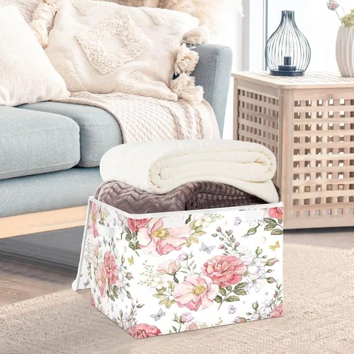 Miniatura 5 de Contenedores de almacenamiento de flores con tapas, cesta de tela plegable con asas 16.5" x 12.6" x 11.8" Decorative Storage Basket for Closet