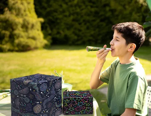 Miniatura 2 de GIOLNIAY Papel de regalo de galaxia para niños y niñas, cumpleaños, baby shower, estrellas de neón, cielo nocturno, galaxia con nebulosa, 8 hojas