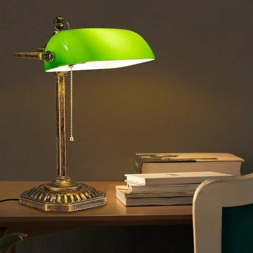 Miniatura 5 de Vintage Green Glass Shade Table Lamp Industrial Gold Iron Body Light Fixture with Pull Chain Desk