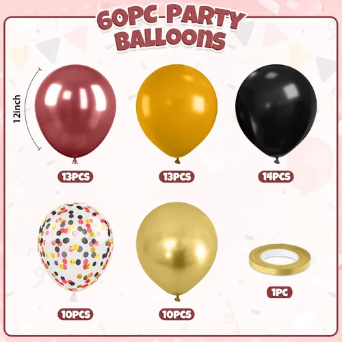 Miniatura 2 de Globos Rojos Negros Amarillos, 60pcs Globos Negros Borgoña Dorados, Globos Amarillos Granate Globos Rojos Negros Dorados con Confeti Para Cumpleaños