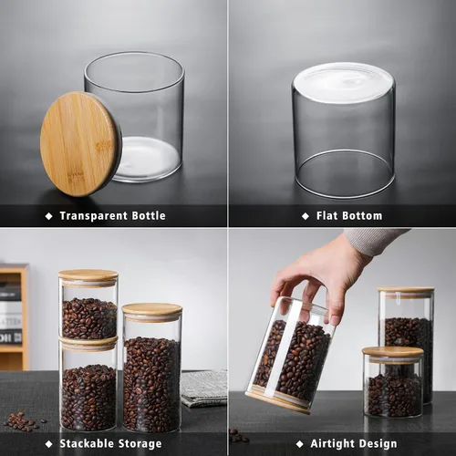 Miniatura 5 de MOLFUJ Contenedor de almacenamiento de vidrio de 18.6 fl oz / 18 onzas líquidas con tapa de madera, organizador decorativo transparente apilable