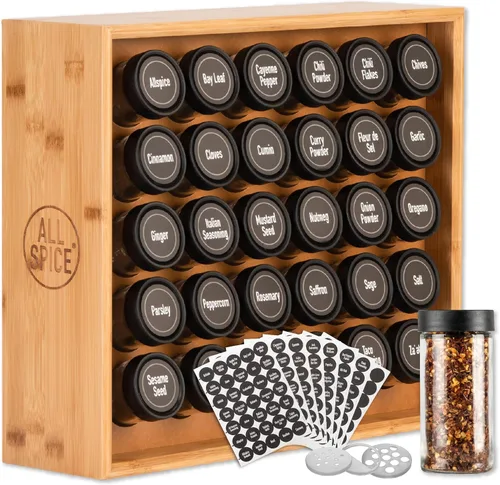 AllSpice Organizador de especias, madera, 525 etiquetas únicas, montaje en encimera o pared, incluye 30 tarros de 4 onzas, bambú