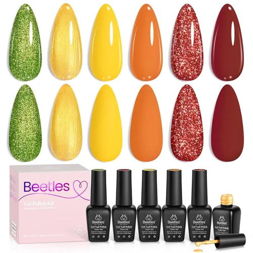 Miniatura 22 de Beetles - Esmalte de uñas de gel rojo, 6 colores, colección Marvelous Lady, esmalte de uñas con purpurina burdeos, nude, rojo brillante, diseño