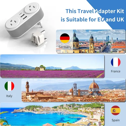 Miniatura 6 de Adaptador de enchufe de viaje europeo para Europa y Reino Unido, enchufe de alimentación internacional con 2 tomas de corriente alterna y 3 puertos