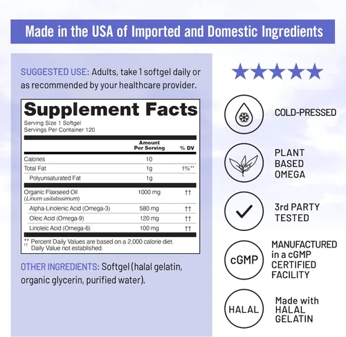 Miniatura 3 de NatureWise Aceite de linaza de 1000 mg, Omega 3 sin pescado con 580 mg de ALA, suplemento Omega 3 6 9 a base de plantas, orgánico, prensado en frío