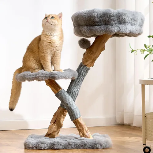 Árbol para gatos de madera natural para gatos adultos de interior, torre de gatos moderna de 33 pulgadas con cama de felpa súper suave y percha,