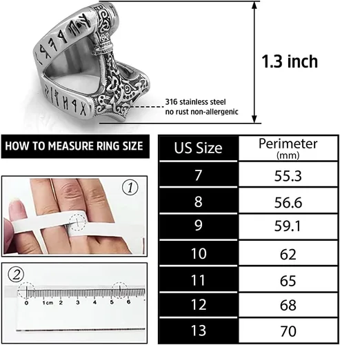Miniatura 5 de Anillo de Mjolnir de martillo de Thor rúnico 316L de acero inoxidable nórdico escandinavo vikingo joyería