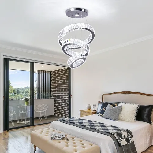 Miniatura 6 de CLAIRDAI Candelabros de Cristal de 3 Anillos Lámpara de Techo LED Candelabro para Techo Alto Candelabros Colgantes para Dormitorio Comedor Sala