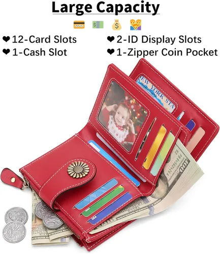 Miniatura 134 de SENDEFN - Billetera pequeña de piel auténtica para mujer, diseño plegable con ventana para tarjeta de identificación