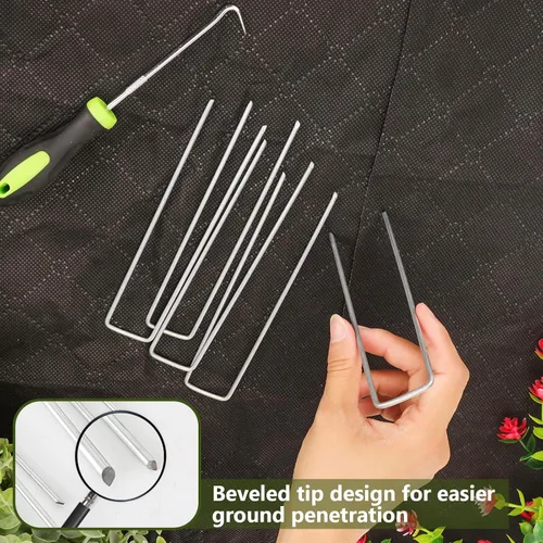 Miniatura 4 de Paquete de 200 estacas de jardín de 6 pulgadas, paquete de 100 estacas galvanizadas en forma de U de calibre 11, 100 juntas con martillo y par