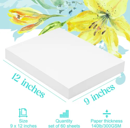 Miniatura 4 de Papel de medios mixtos, 60 hojas, 9 x 12 pulgadas, 140 libras/300 GSM, papel de algodón pesado de textura suave y media para acuarela, gouache