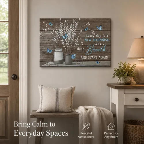 Miniatura 3 de Arte de pared de lienzo para baño estilo granja, vintage, rústico, país, flor, mariposa azul, pintura, imagen, decoración de pared, Cada día es un