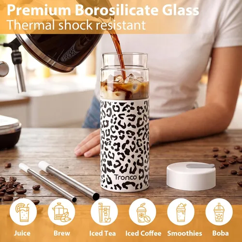 Miniatura 7 de Tronco Vaso de vidrio de 24 onzas con tapa y popote, taza de café helado, taza de batido con tapa de silicona para té Boba, hogar, oficina, viajes