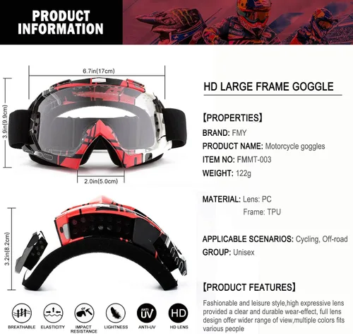 Miniatura 4 de FMY Gafas de motocross para hombres, mujeres y jóvenes, antiarañazos, a prueba de polvo, UV400 ATV Lente negro y rojo-transparente